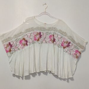 Free People White Blouse with Pink Floral Embroidery